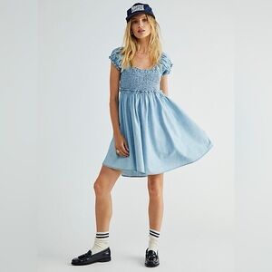 FREE PEOPLE Daphne Denim Mini Dress Corset Tie Up Back Boho